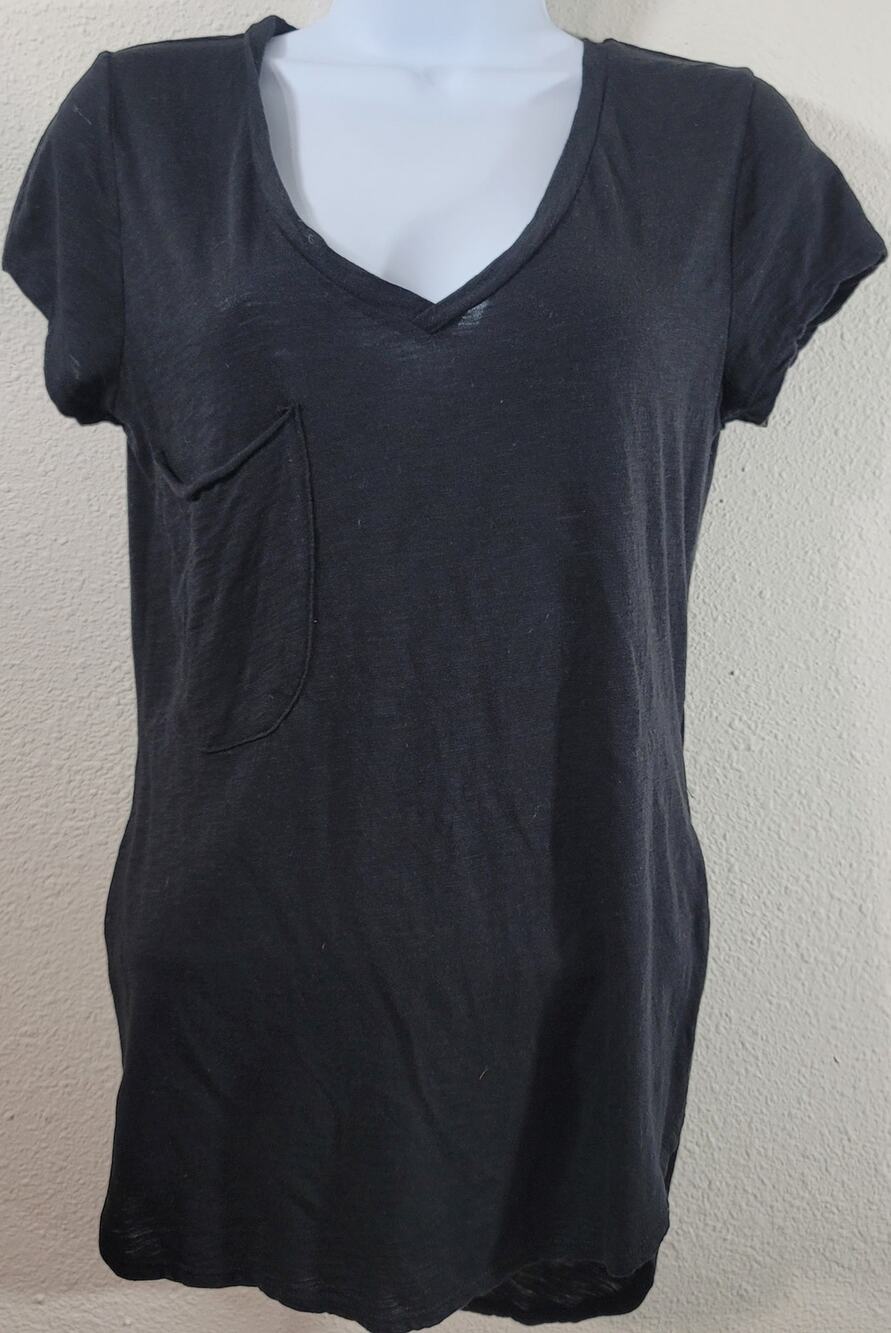 Marvenie Black Slub Knit  V Neck Top Small Lightweight Soft Stretchy Cap Sleeves